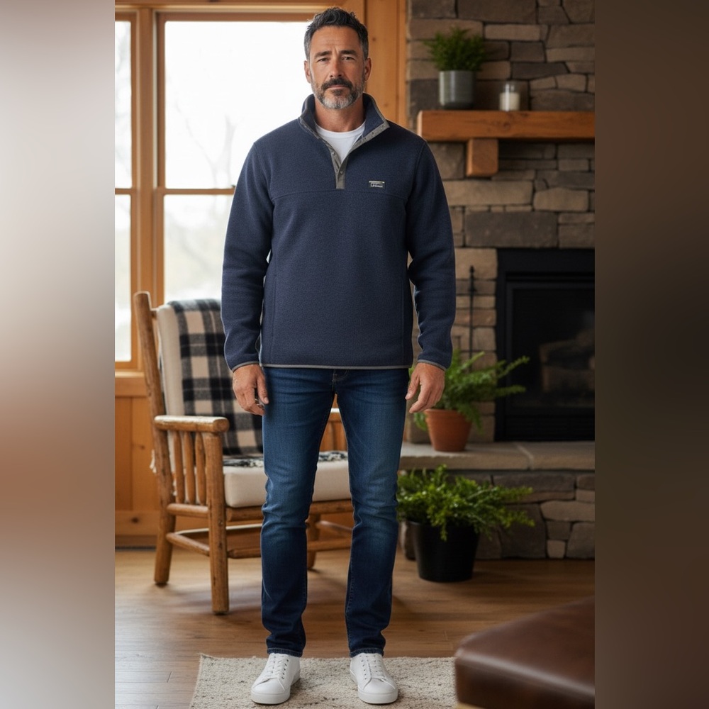 L.L. Bean Men’s Fleece Pullover Sweater Dark Blue Slightly Fitted Item ID 298050